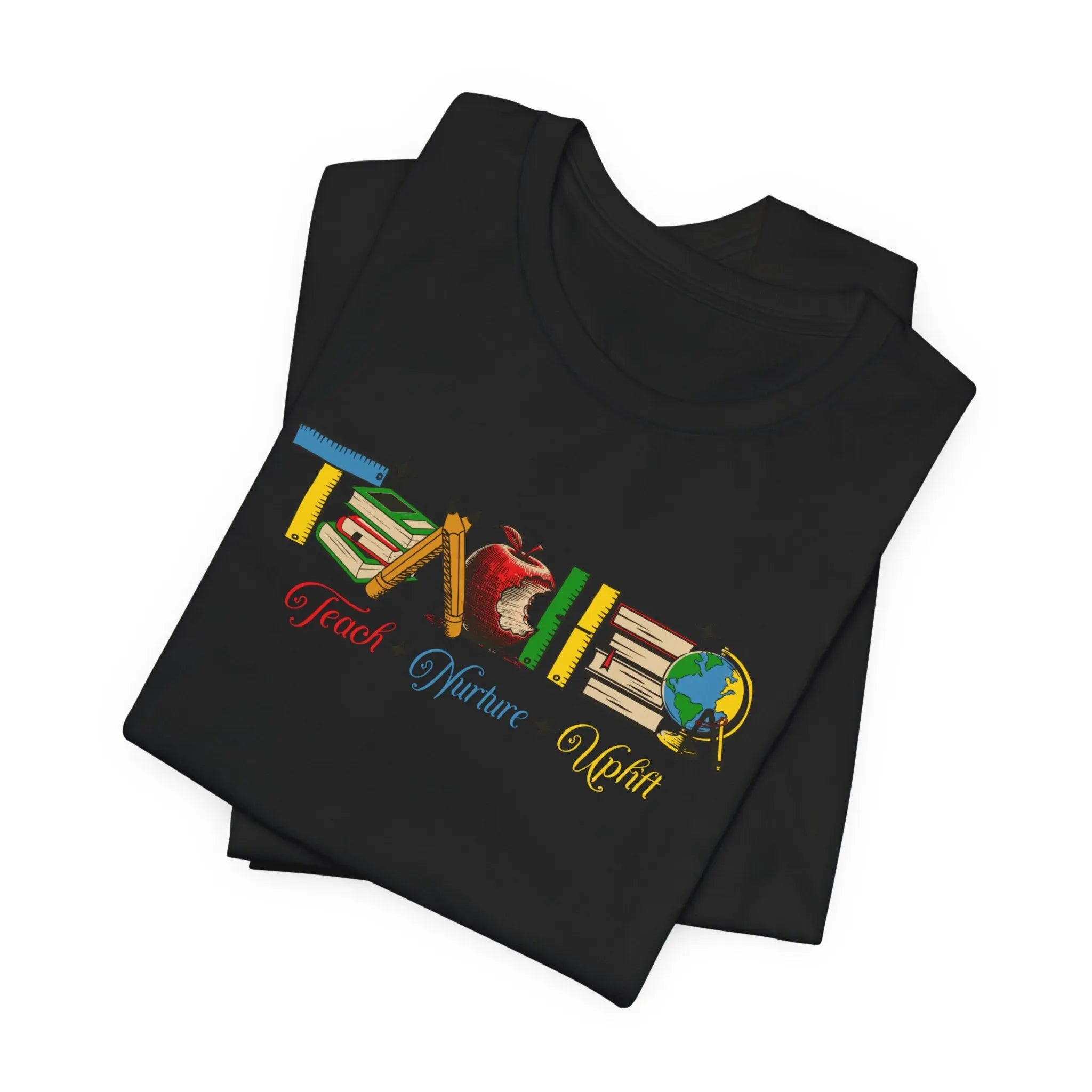 Teacher T-Shirt – Colorful School Icons with 'Teach • Inspire • Ignite' Printify