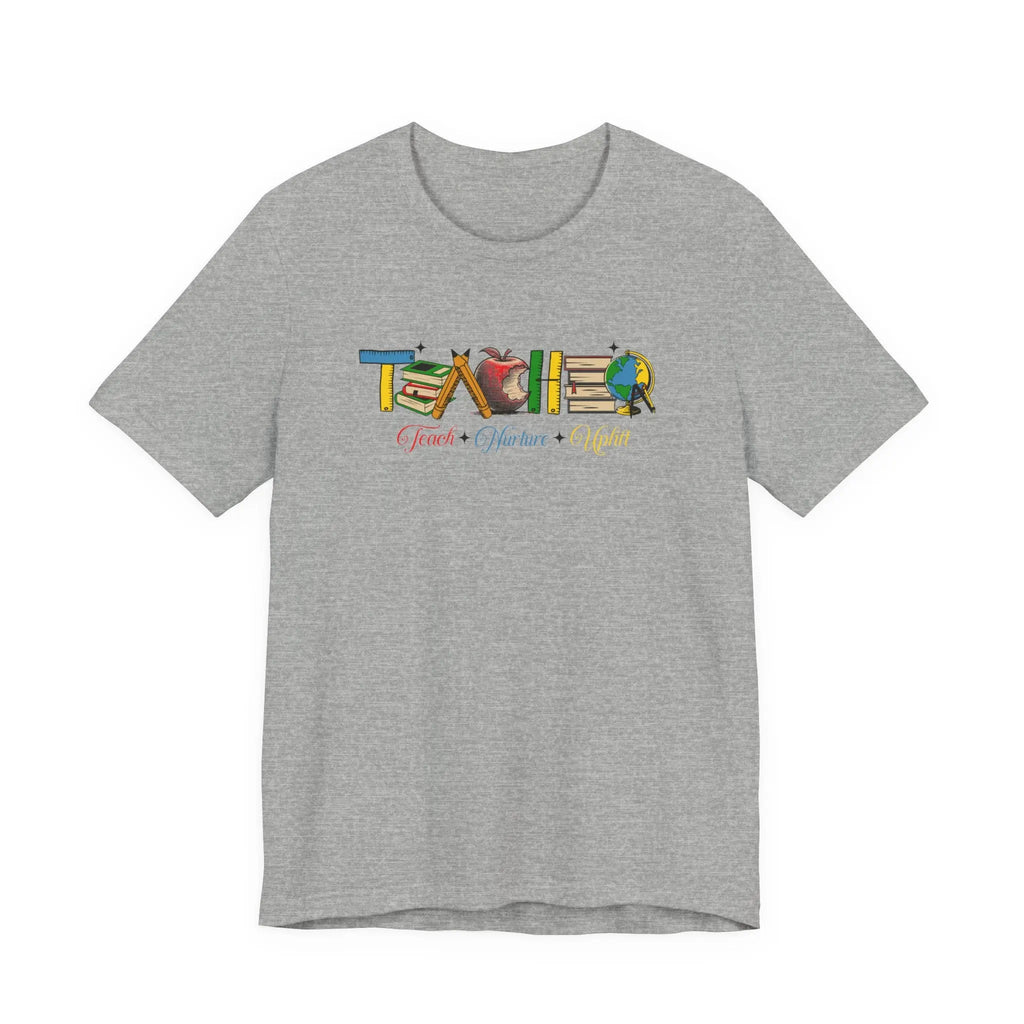 Teacher T-Shirt – Colorful School Icons with 'Teach • Inspire • Ignite' Printify
