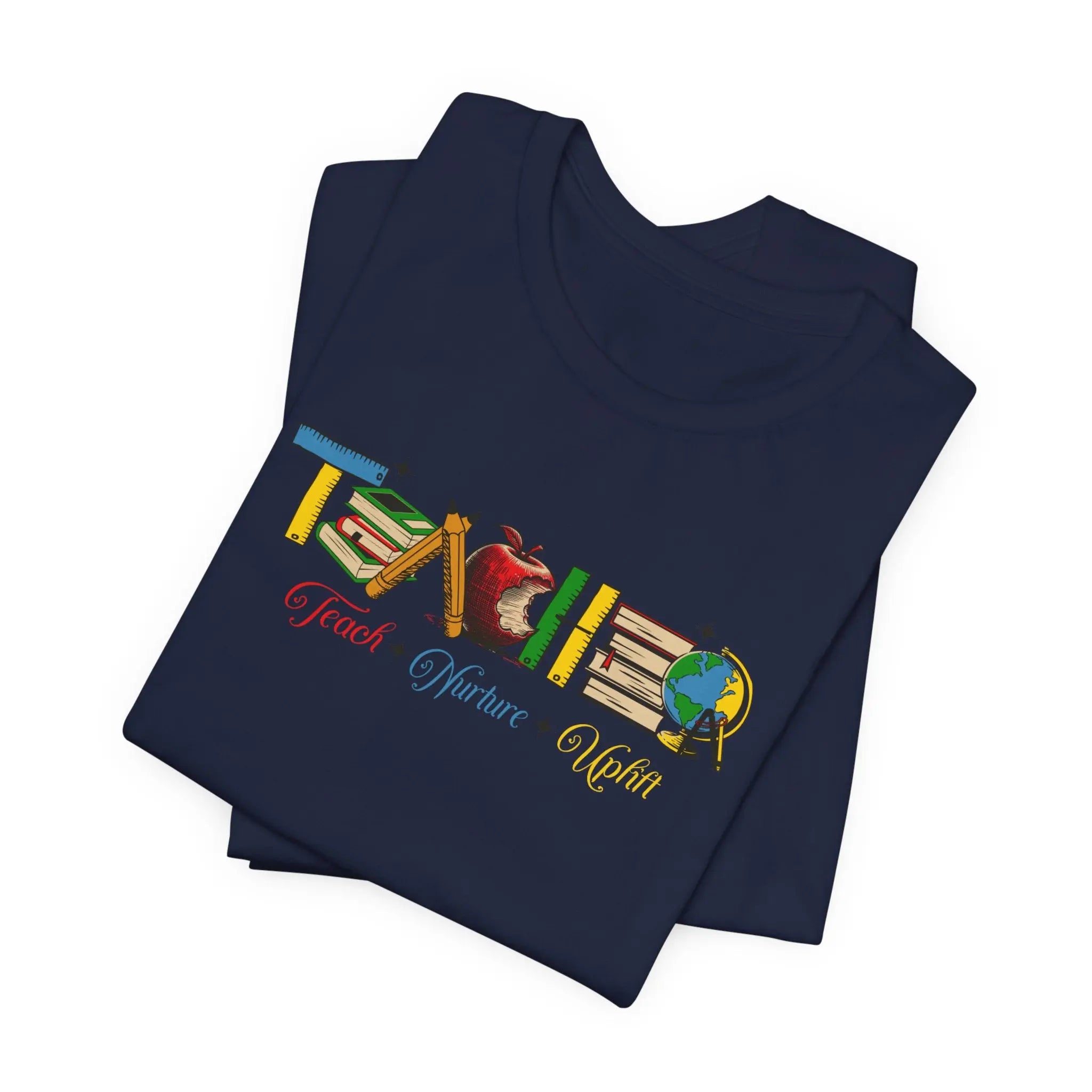 Teacher T-Shirt – Colorful School Icons with 'Teach • Inspire • Ignite' Printify