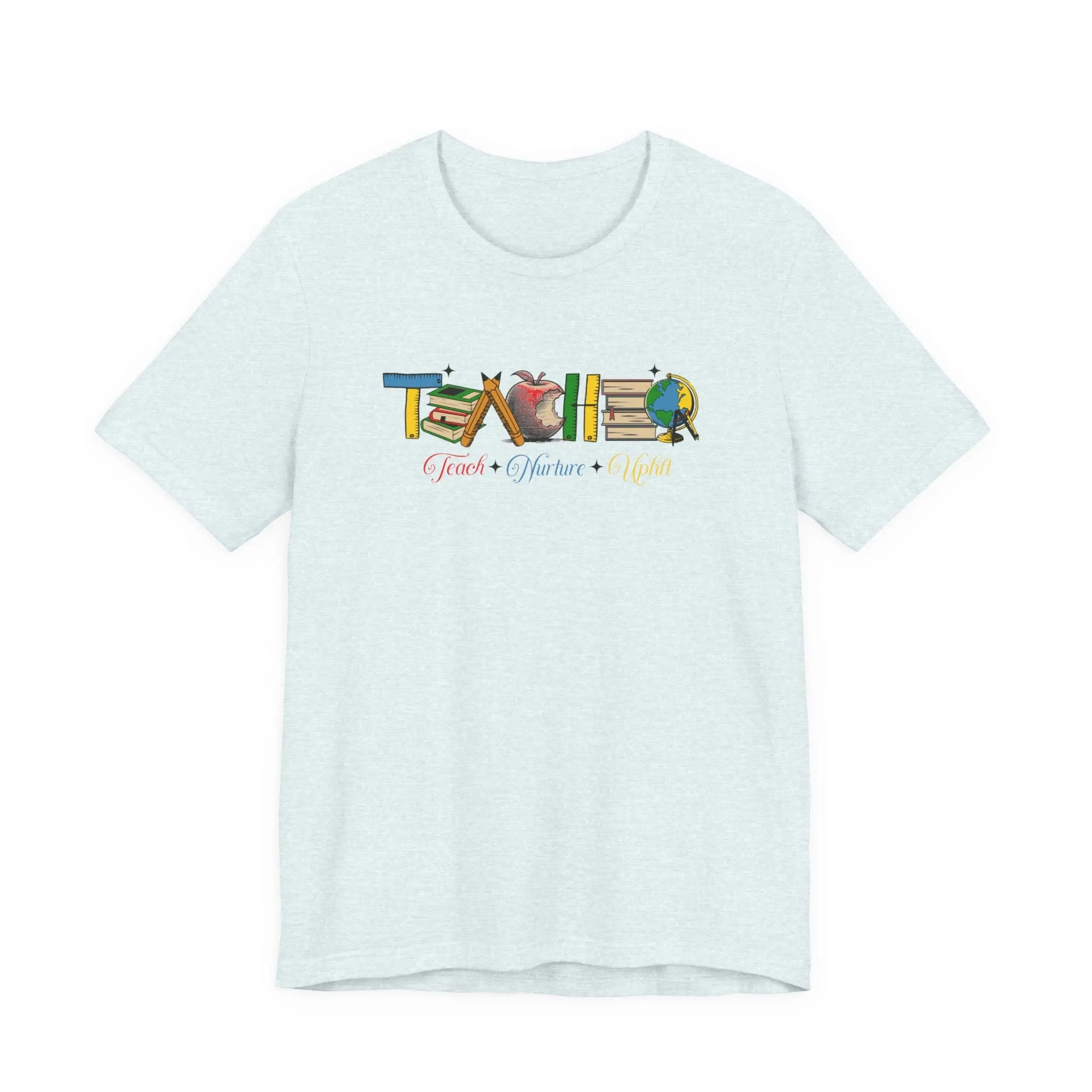 Teacher T-Shirt – Colorful School Icons with 'Teach • Inspire • Ignite' Printify
