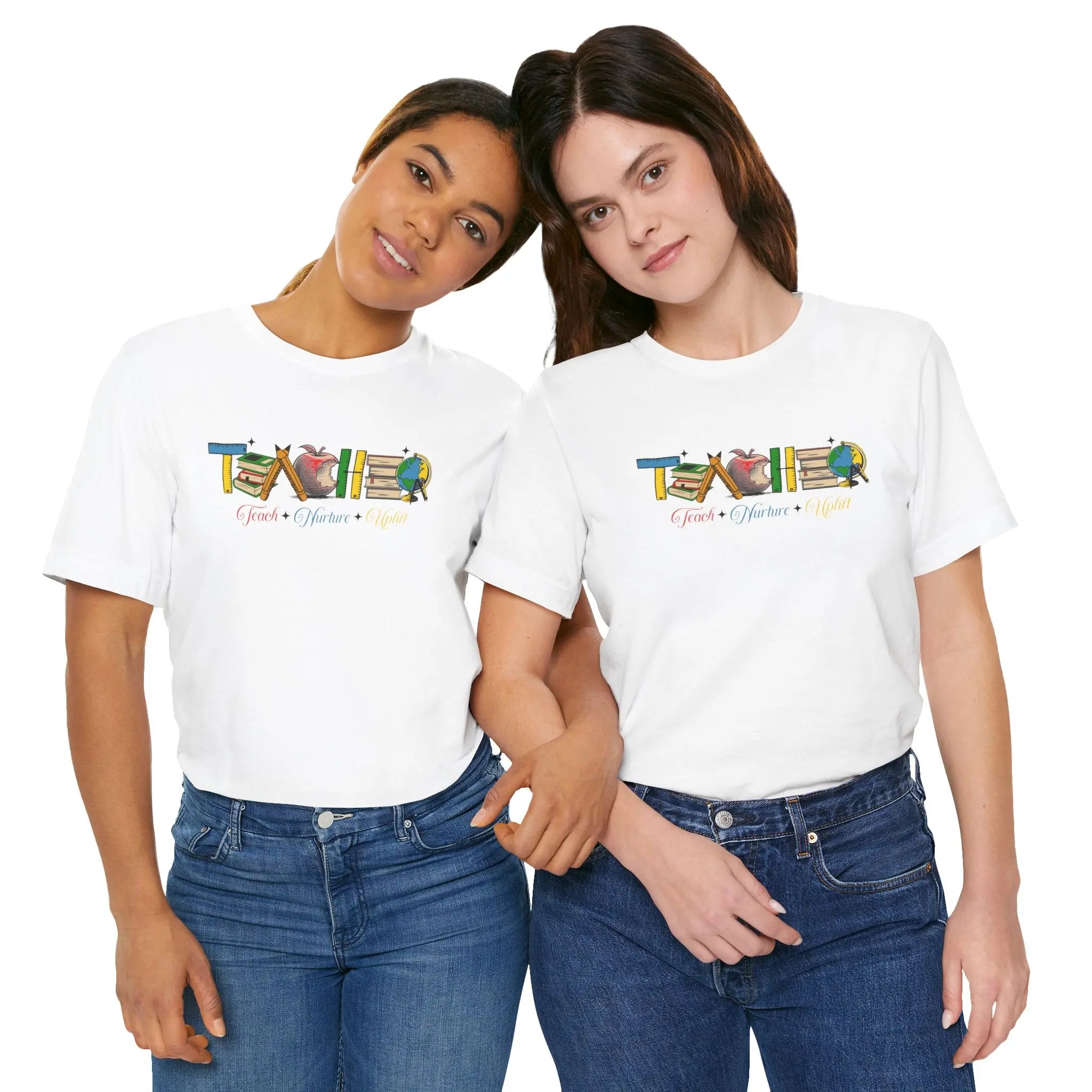 Teacher T-Shirt – Colorful School Icons with 'Teach • Inspire • Ignite' Printify