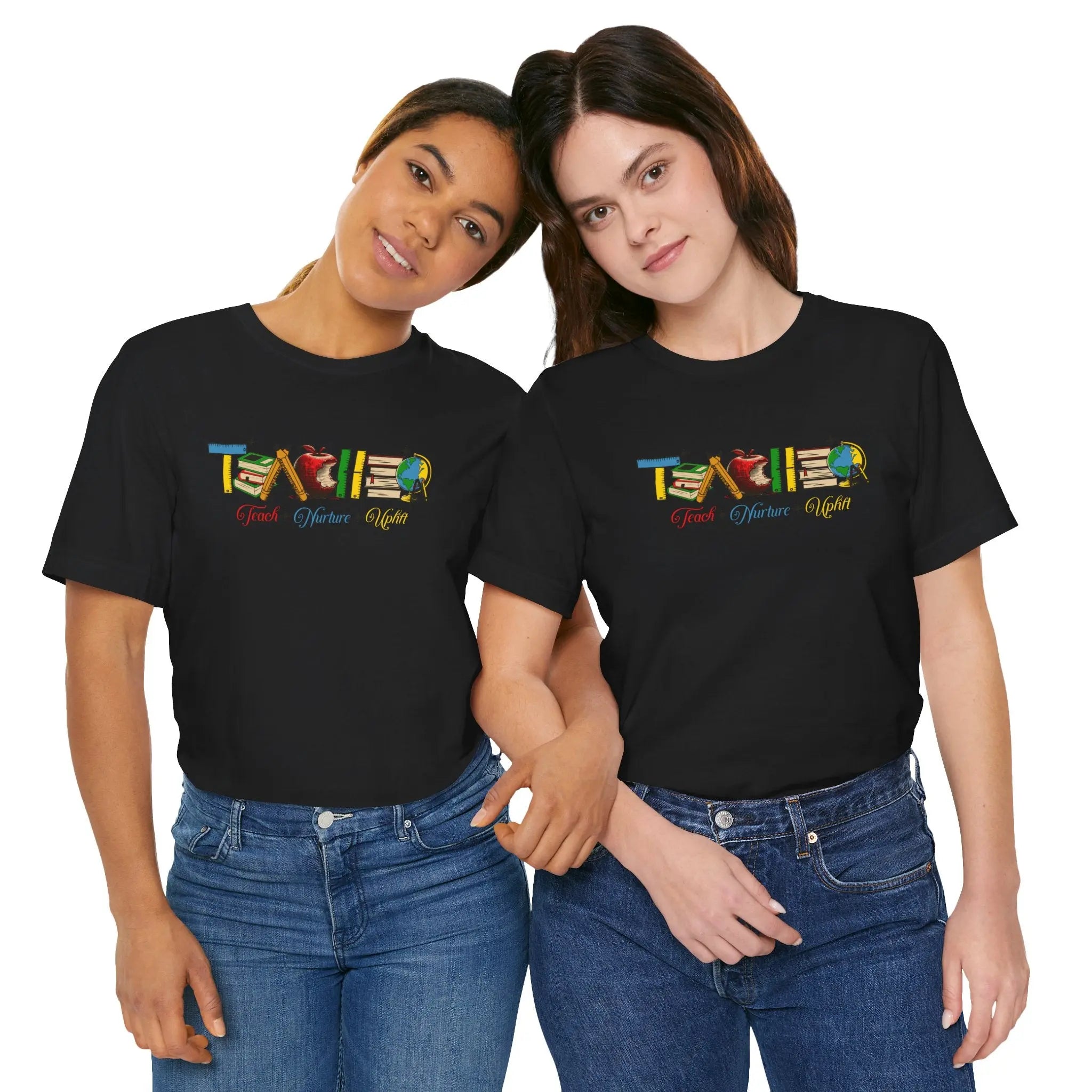 Teacher T-Shirt – Colorful School Icons with 'Teach • Inspire • Ignite' Printify
