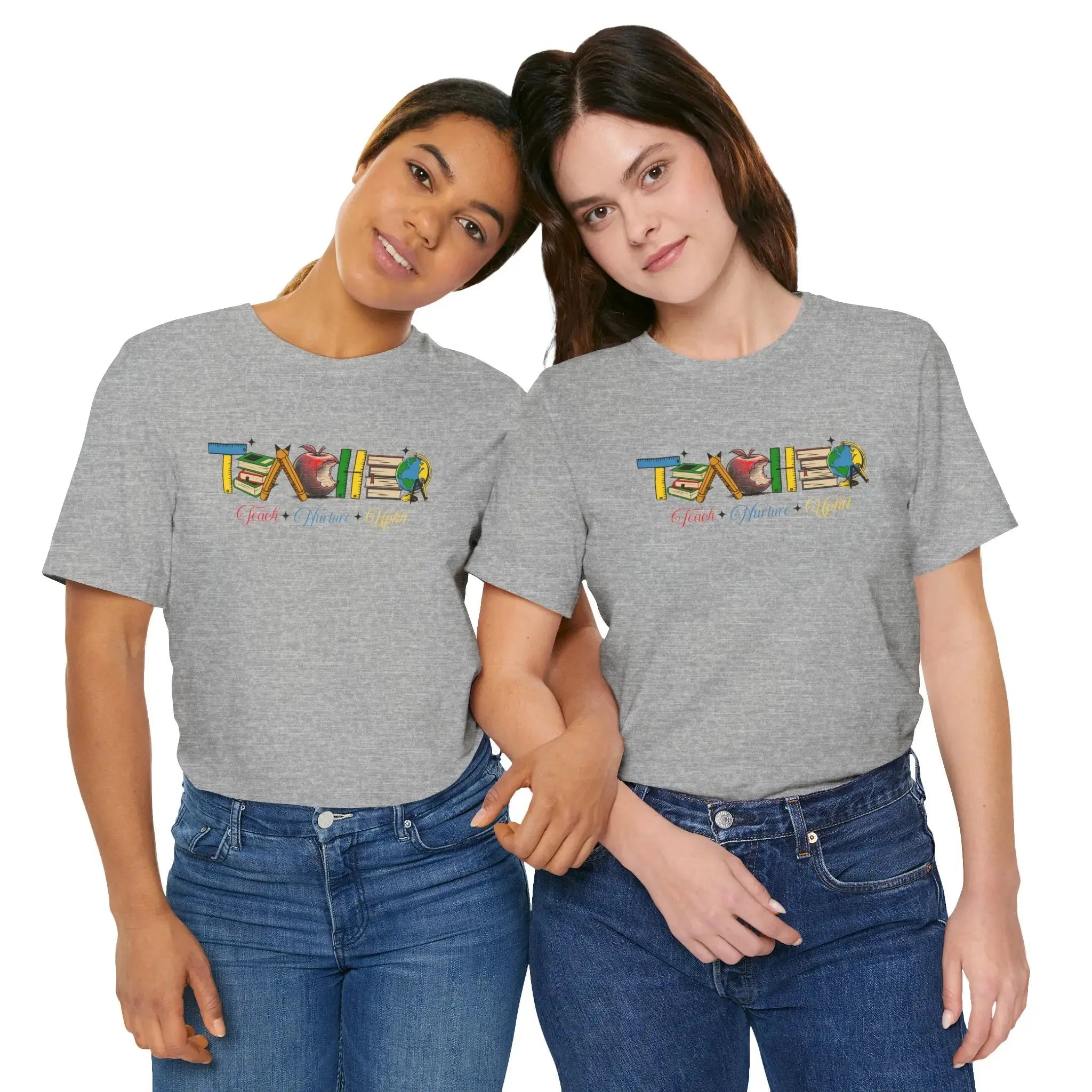 Teacher T-Shirt – Colorful School Icons with 'Teach • Inspire • Ignite' Printify