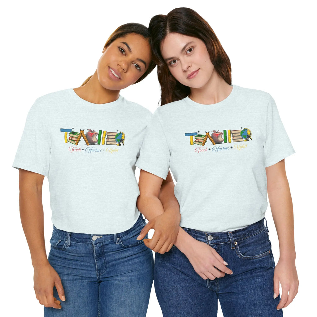 Teacher T-Shirt – Colorful School Icons with 'Teach • Inspire • Ignite' Printify
