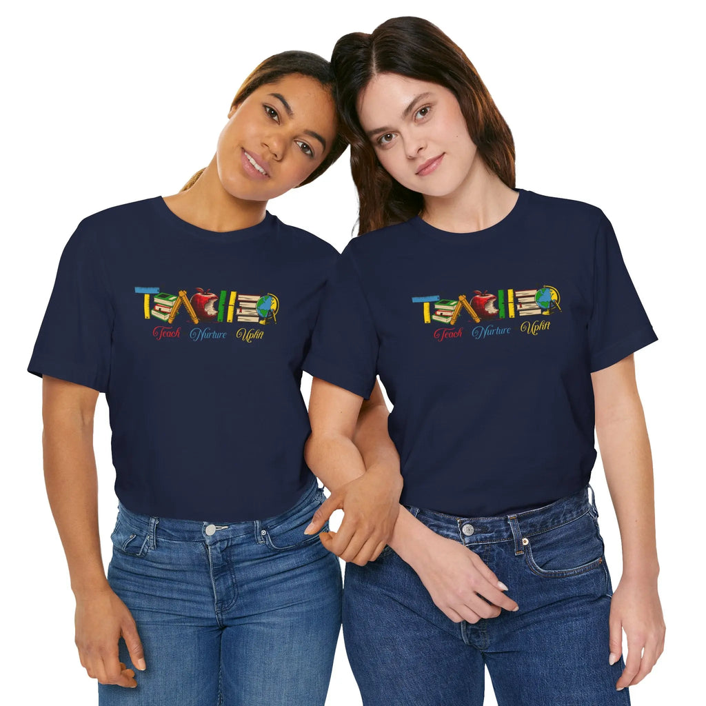 Teacher T-Shirt – Colorful School Icons with 'Teach • Inspire • Ignite' Printify
