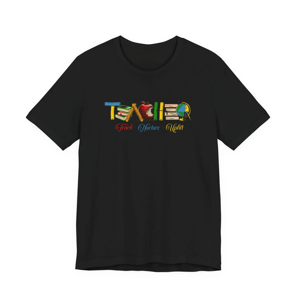 Teacher T-Shirt – Colorful School Icons with 'Teach • Inspire • Ignite' Printify