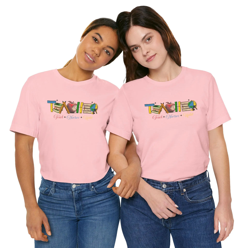 Teacher T-Shirt – Colorful School Icons with 'Teach • Inspire • Ignite' Printify