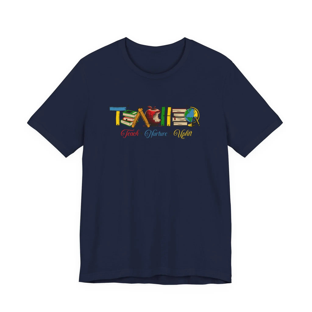 Teacher T-Shirt – Colorful School Icons with 'Teach • Inspire • Ignite' Printify