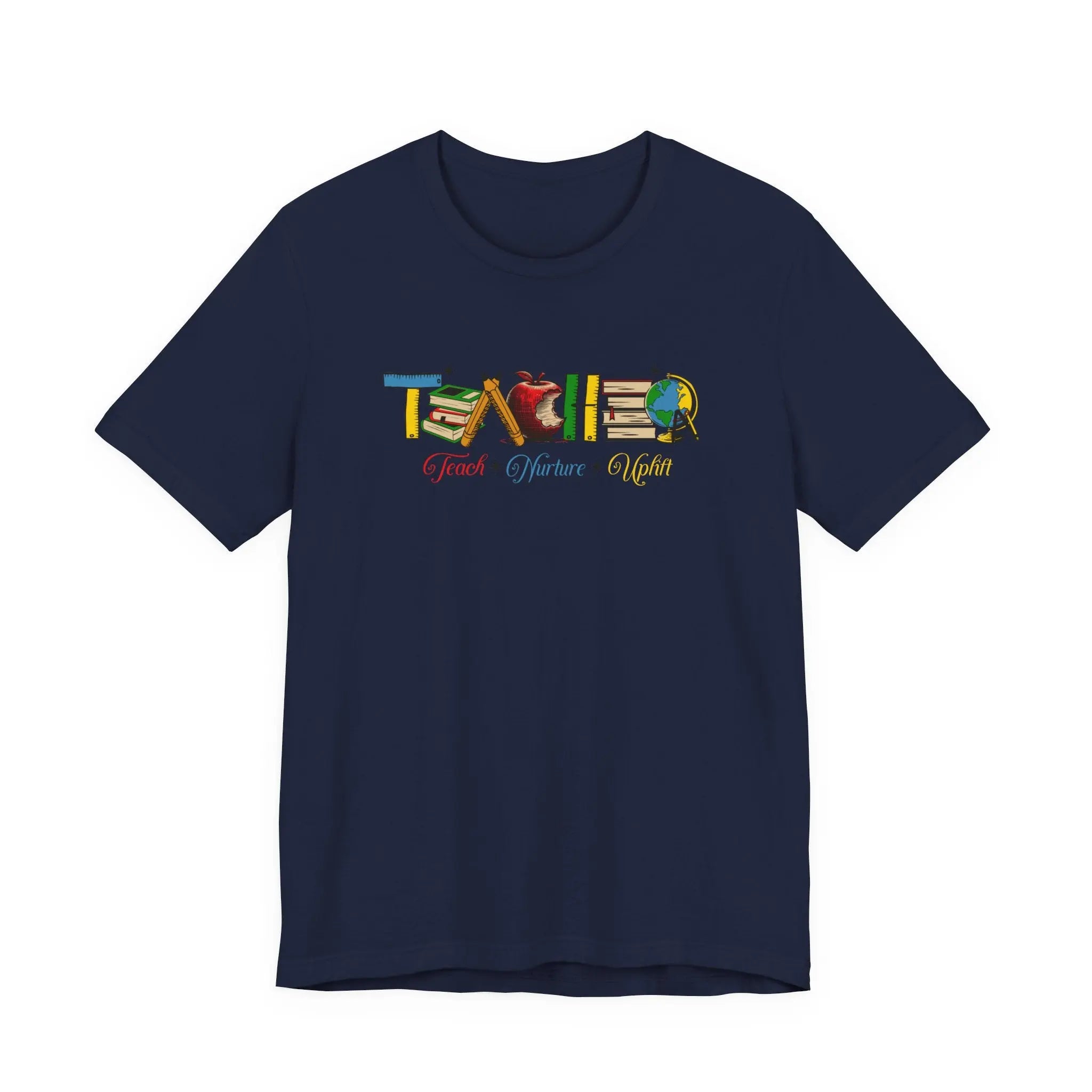 Teacher T-Shirt – Colorful School Icons with 'Teach • Inspire • Ignite' Printify