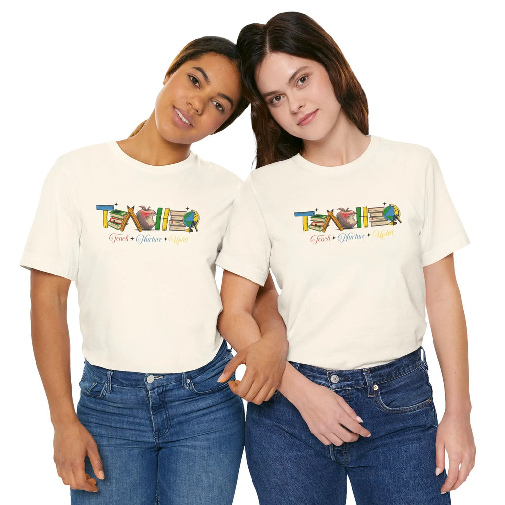 Teacher T-Shirt – Colorful School Icons with 'Teach • Inspire • Ignite' Printify