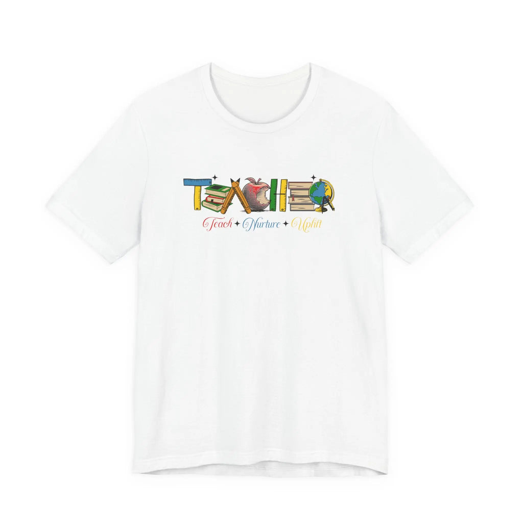 Teacher T-Shirt – Colorful School Icons with 'Teach • Inspire • Ignite' Printify