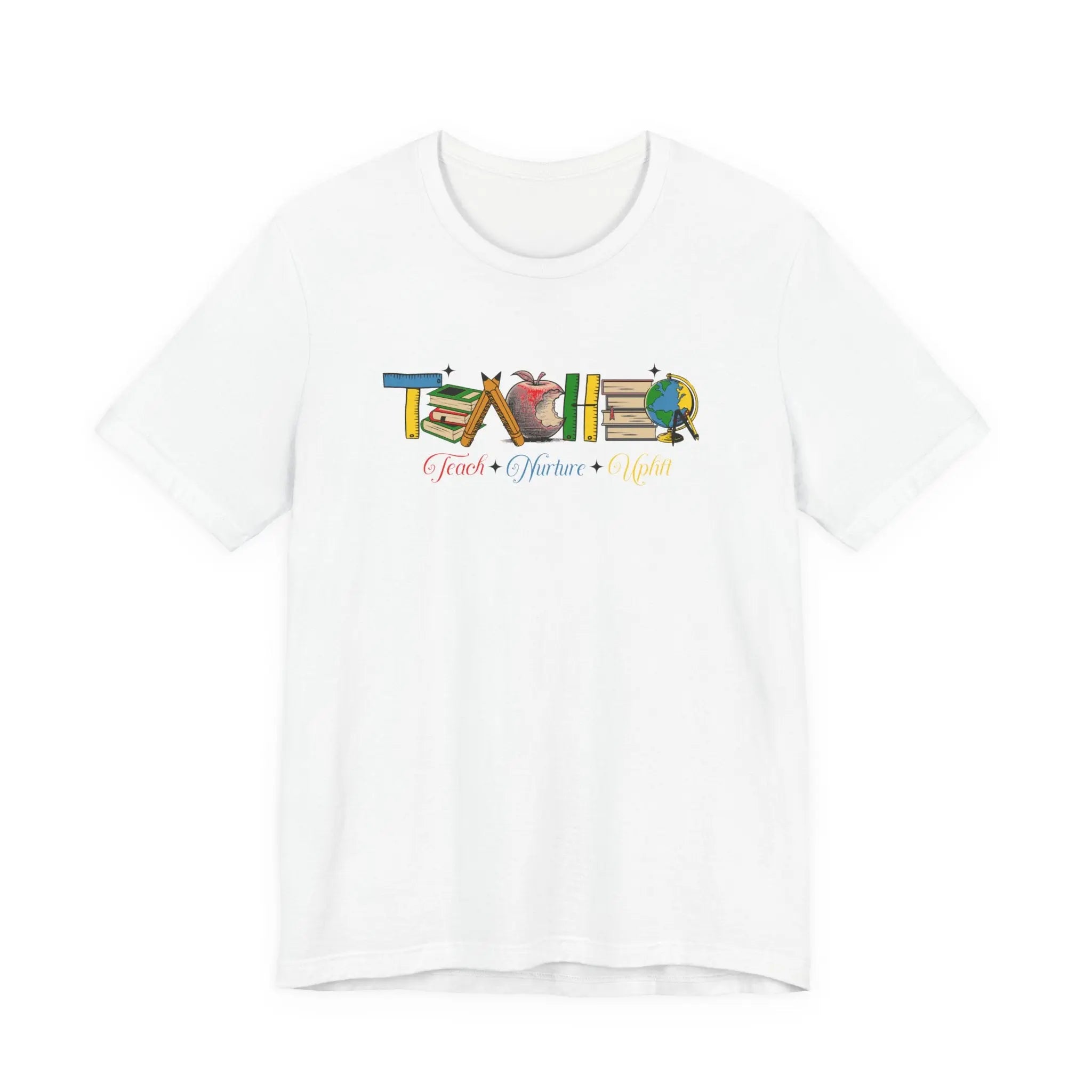 Teacher T-Shirt – Colorful School Icons with 'Teach • Inspire • Ignite' Printify