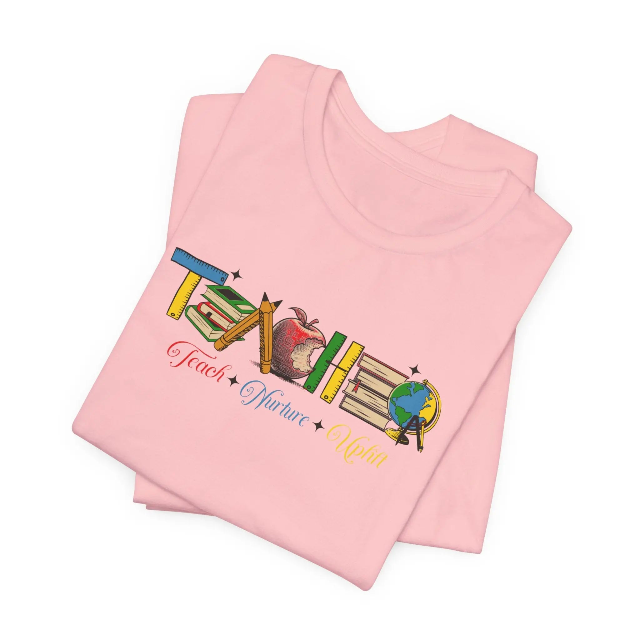 Teacher T-Shirt – Colorful School Icons with 'Teach • Inspire • Ignite' Printify