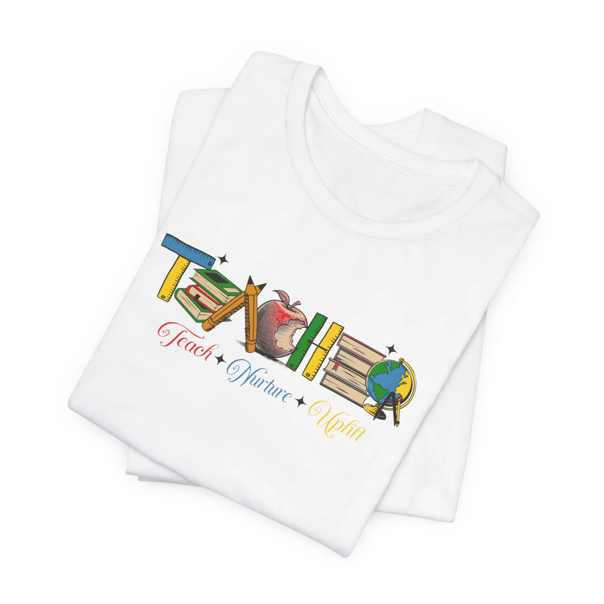 Teacher T-Shirt – Colorful School Icons with 'Teach • Inspire • Ignite' Printify