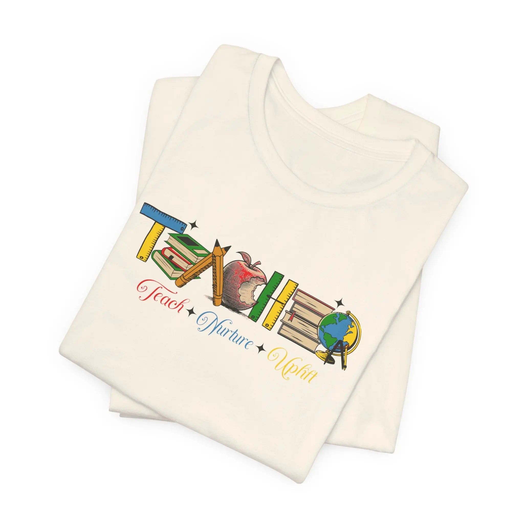 Teacher T-Shirt – Colorful School Icons with 'Teach • Inspire • Ignite' Printify