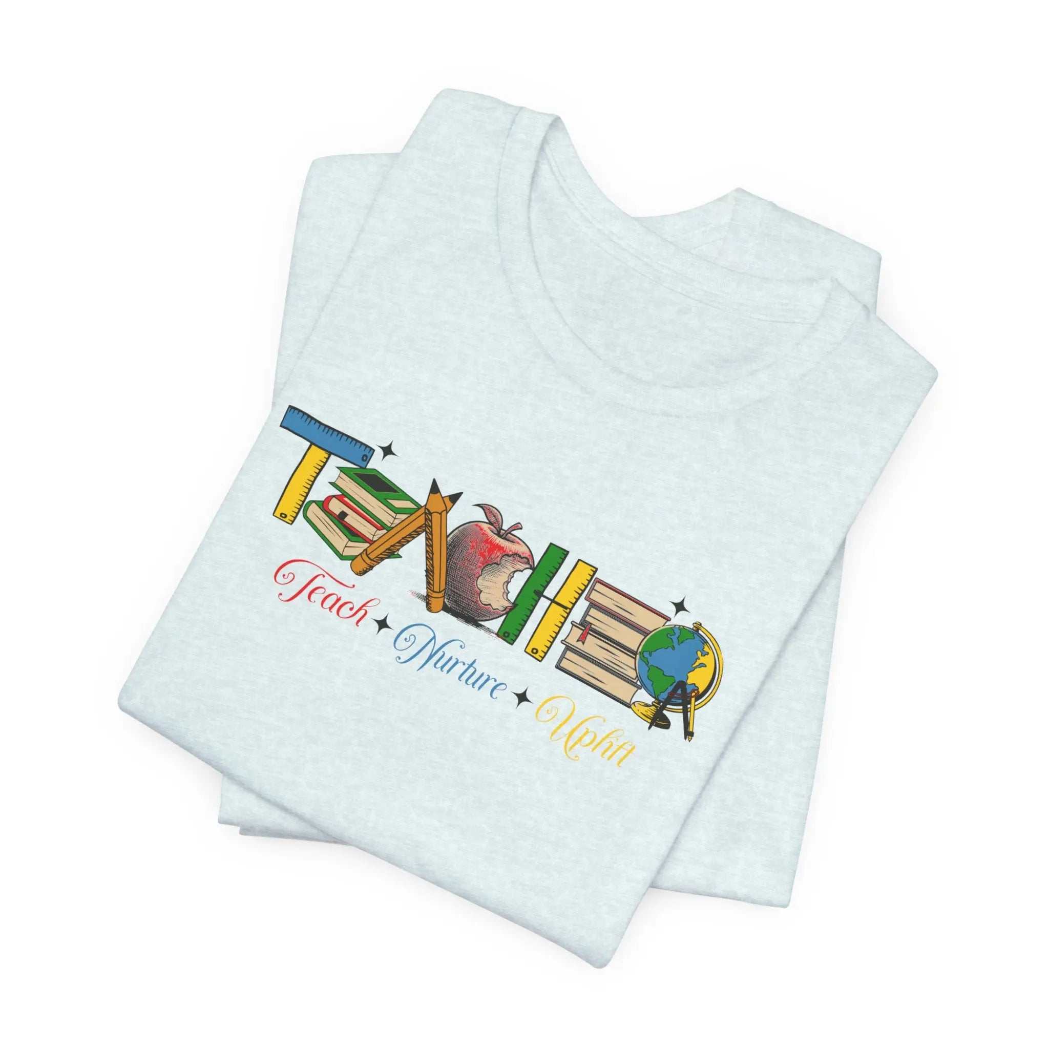 Teacher T-Shirt – Colorful School Icons with 'Teach • Inspire • Ignite' Printify