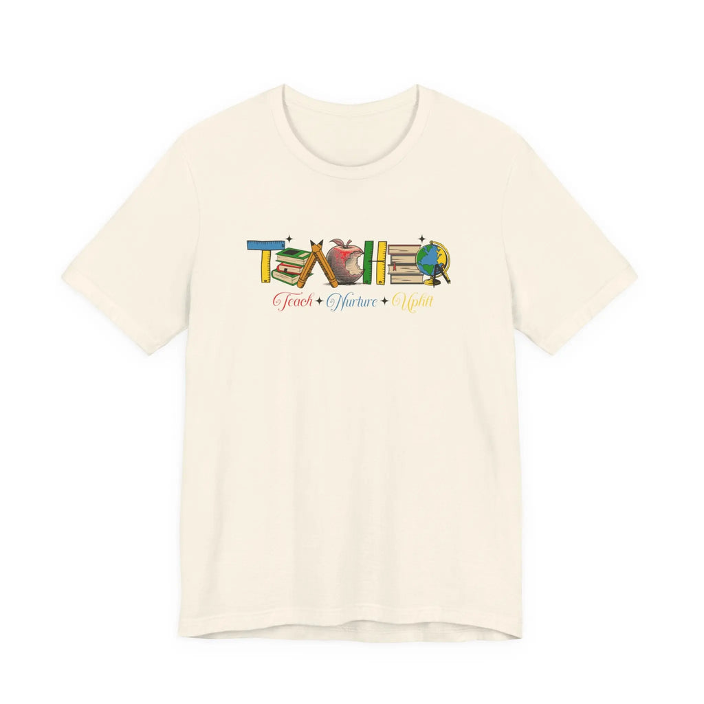 Teacher T-Shirt – Colorful School Icons with 'Teach • Inspire • Ignite' Printify