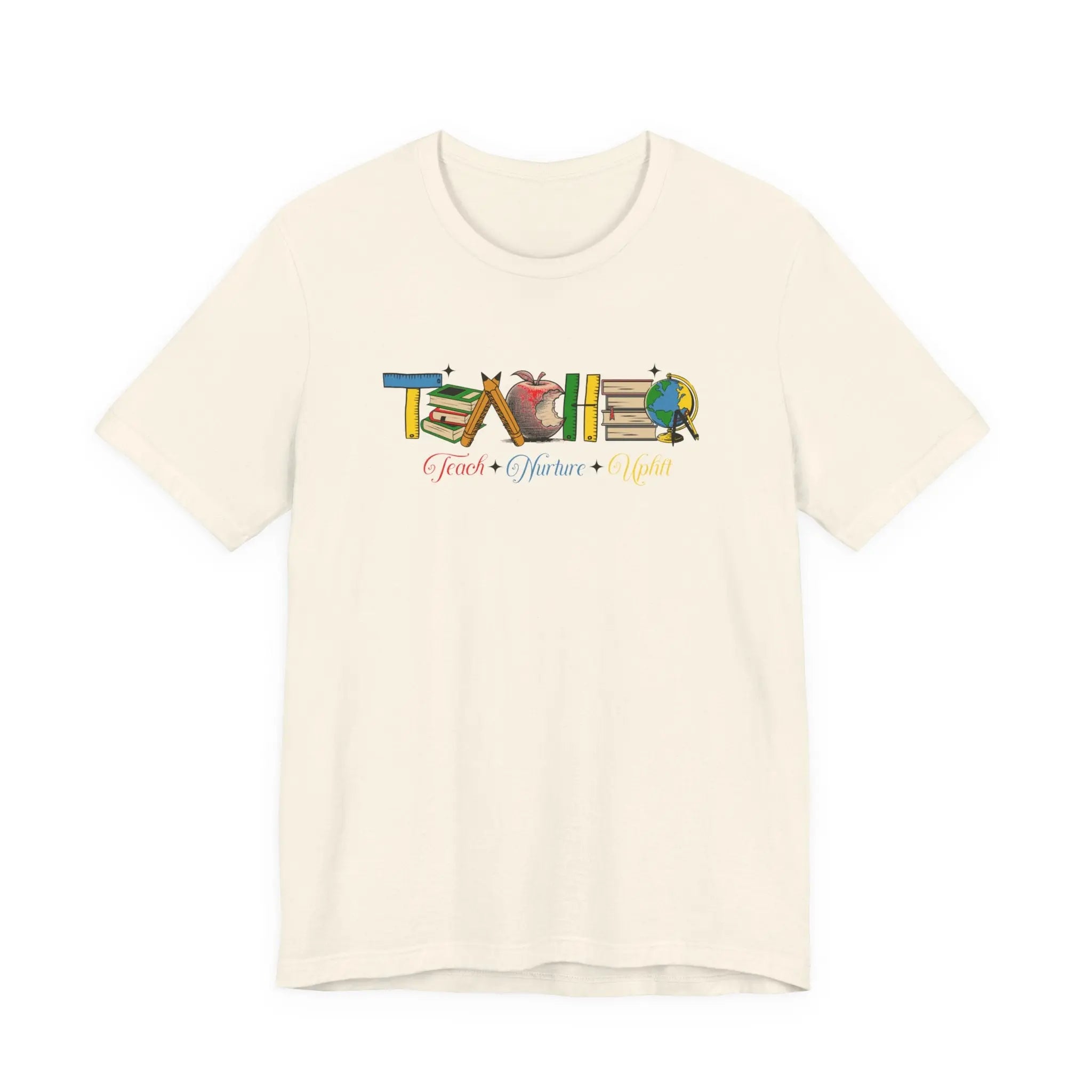 Teacher T-Shirt – Colorful School Icons with 'Teach • Inspire • Ignite' Printify