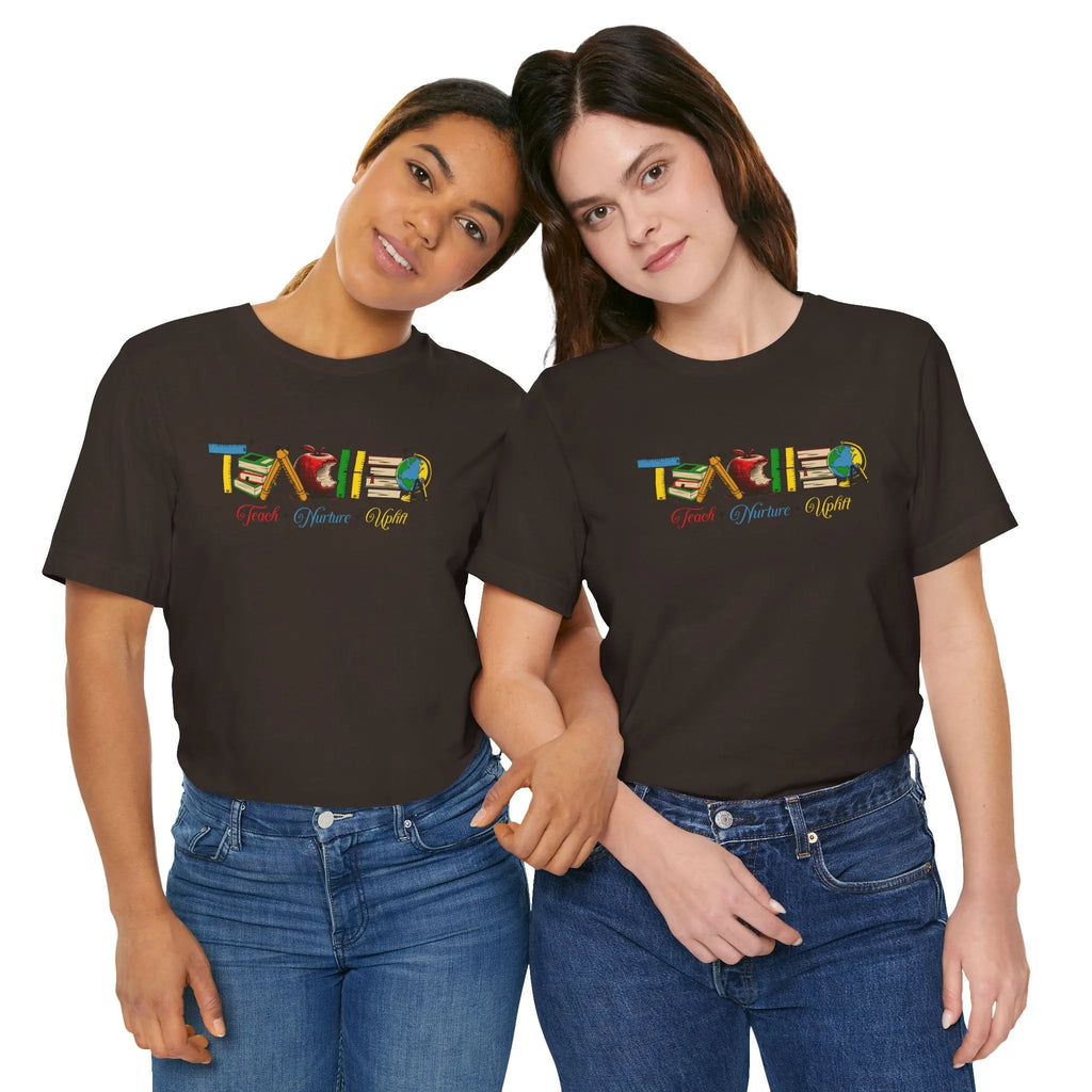 Teacher T-Shirt – Colorful School Icons with 'Teach • Inspire • Ignite' Printify