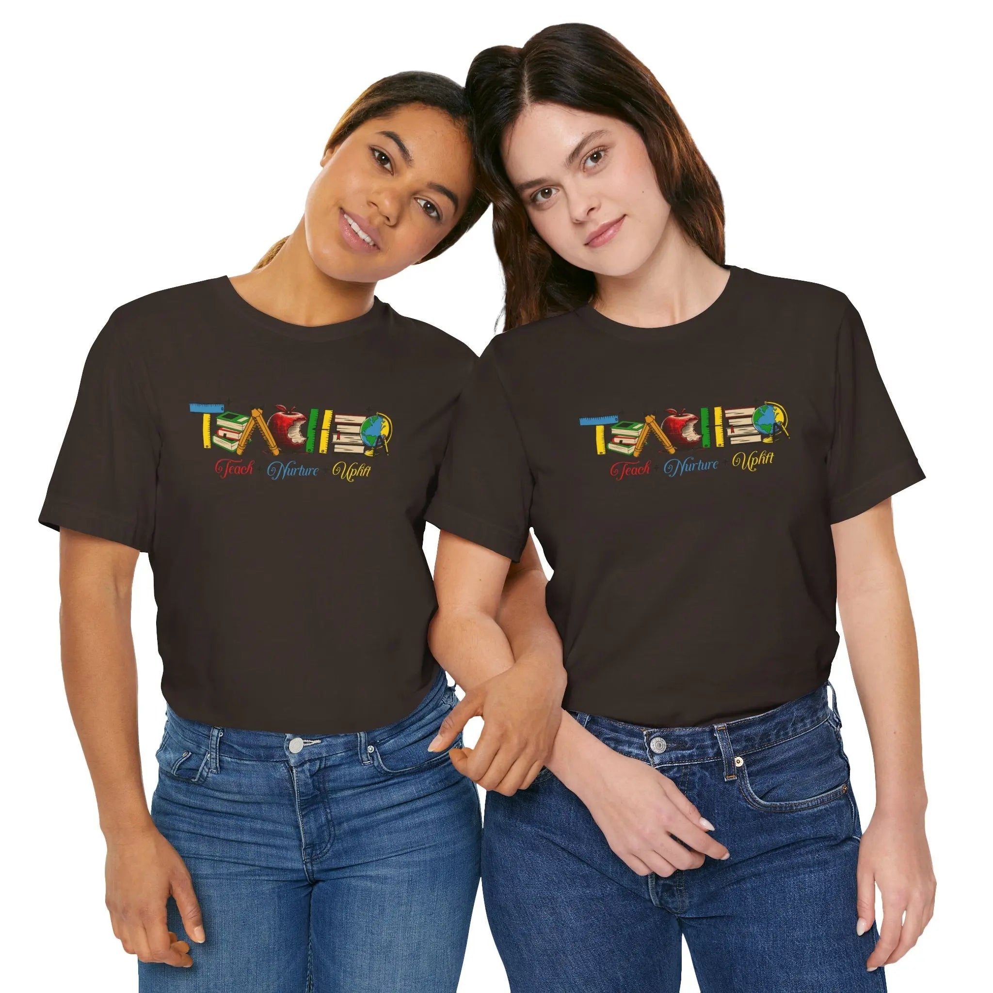 Teacher T-Shirt – Colorful School Icons with 'Teach • Inspire • Ignite' Printify