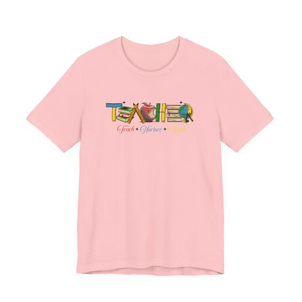 Teacher T-Shirt – Colorful School Icons with 'Teach • Inspire • Ignite' Printify
