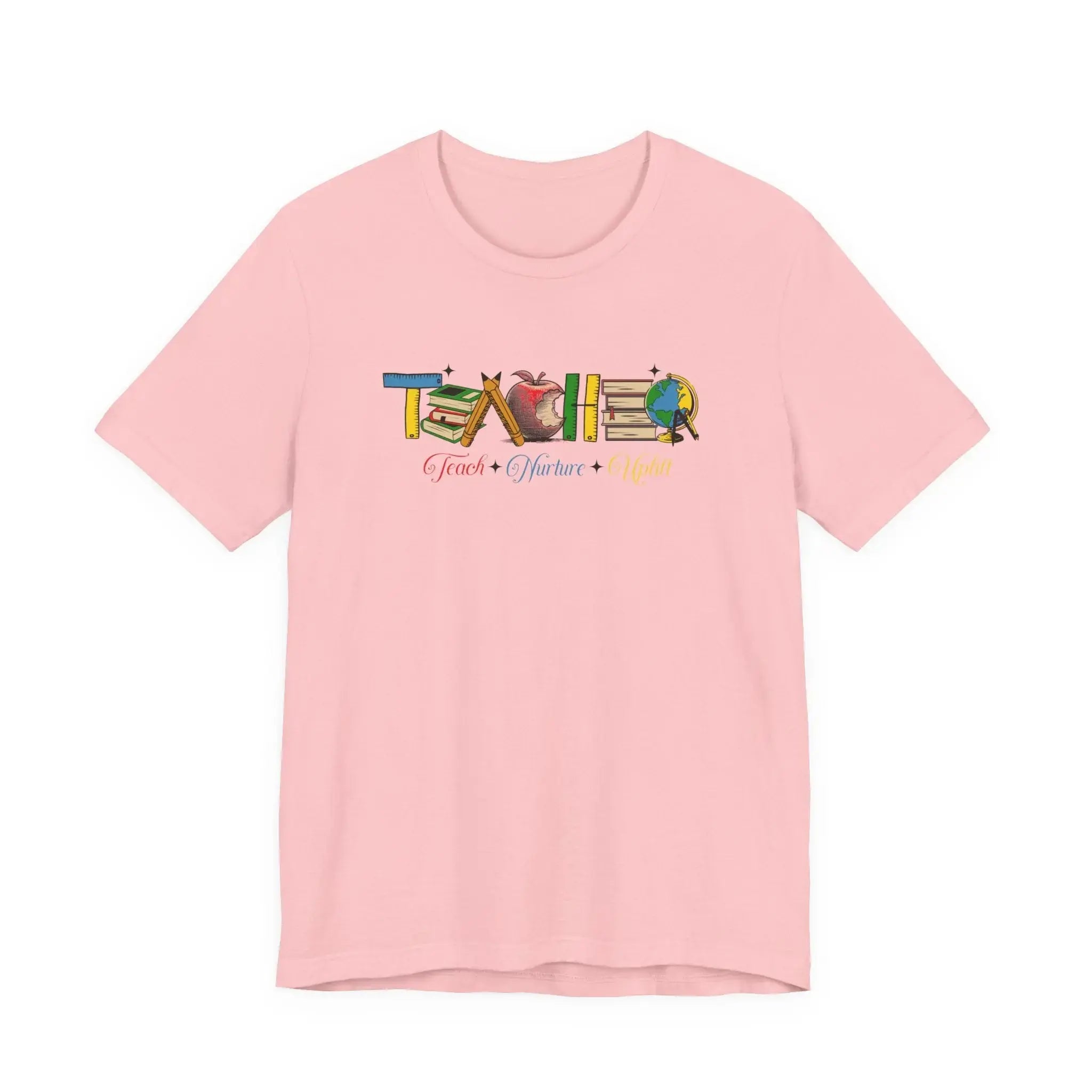 Teacher T-Shirt – Colorful School Icons with 'Teach • Inspire • Ignite' Printify