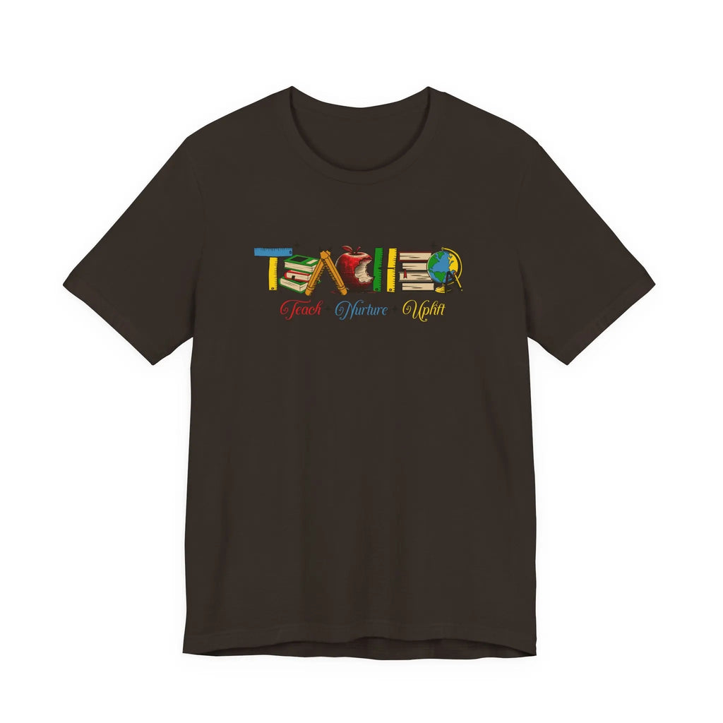 Teacher T-Shirt – Colorful School Icons with 'Teach • Inspire • Ignite' Printify